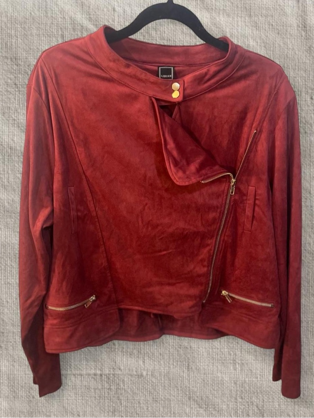 Women's Red Suede/Velvet Asymmetric Zip Jacket